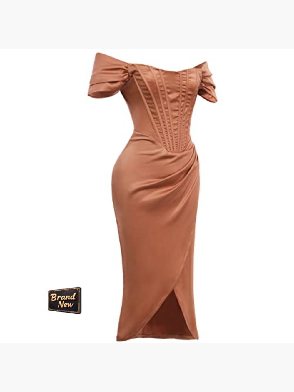 Off Shoulder Split Corset Satin Dress Strapless Backless High Slit Bodycon - Picture 4 of 6